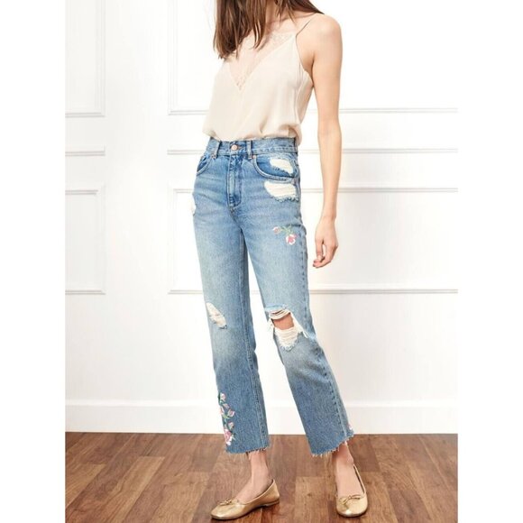 Anine Bing Embroidered Flowers Jeans Women's size 28/W30 Straight Leg High Rise - Picture 2 of 11